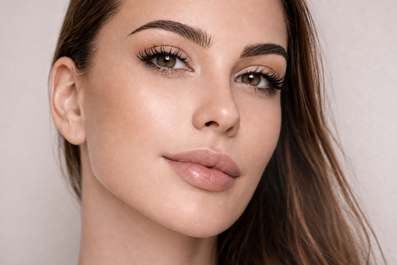 Modelo con maquillaje natural y cejas definidas