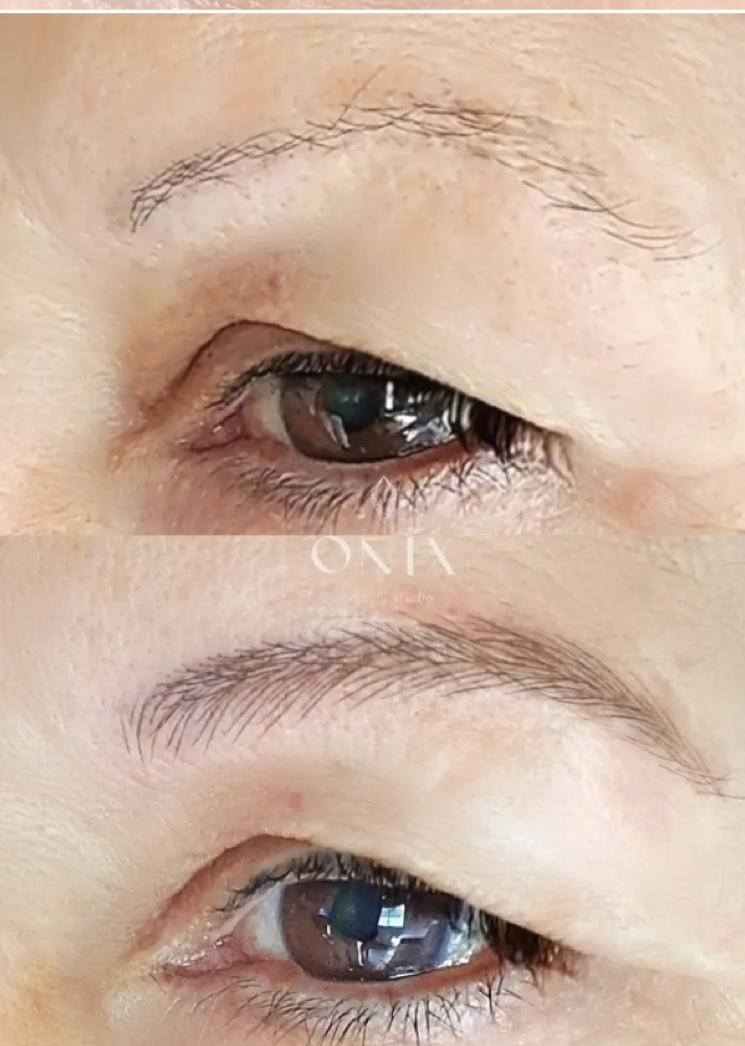 Detalle antes y después de cejas con técnica pelo a pelo